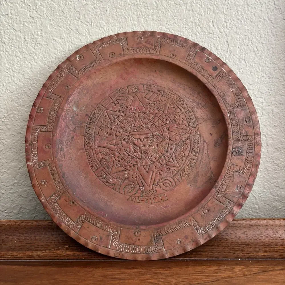 Antique Vintage Solid Copper Decorative Plate Mayan Aztec with Patina Home Decor